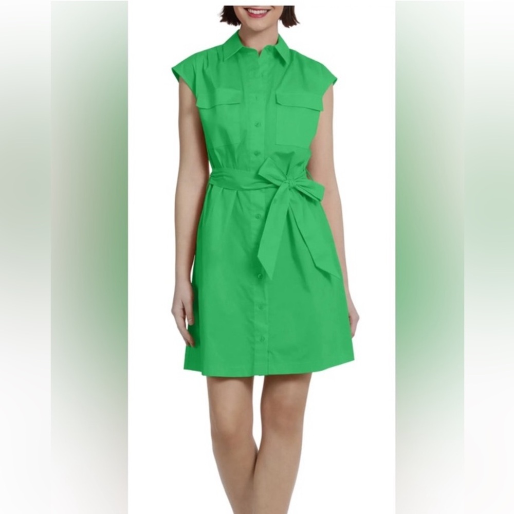 Donna Morgan Larisa Utility Front Tie Buttom Front Tue Shirt Dress - Green SZ 10